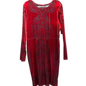 Stunning Venus Red Velvet Midi Pencil Dress Black Damask Burnout Long Sleeves XL